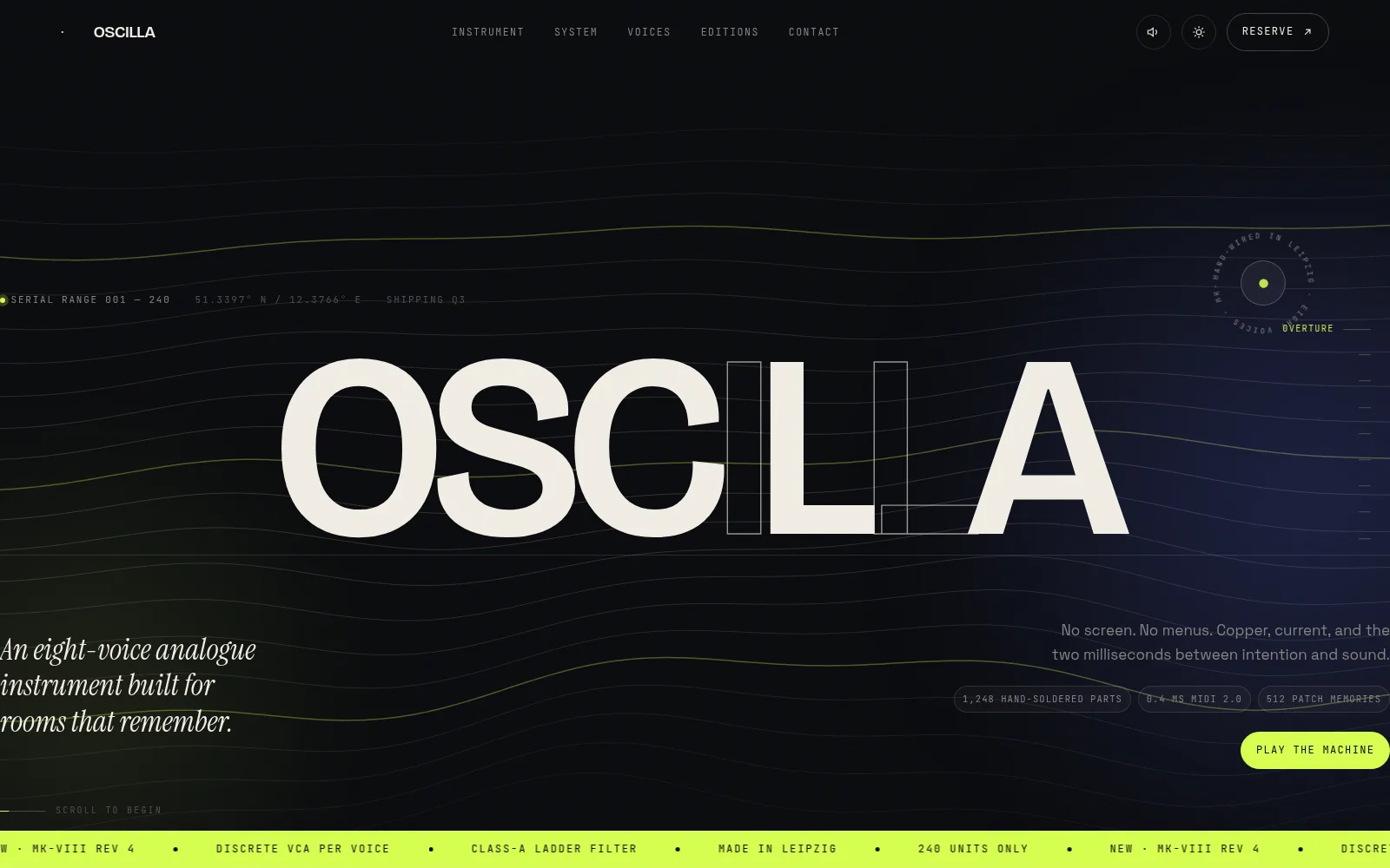 Dark landing page hero for a fictional analogue synthesiser called Oscilla, with an oversized wordmark over animated waveform lines and an acid-yellow ticker, generated as HTML by Signal 3.8 Flash Next